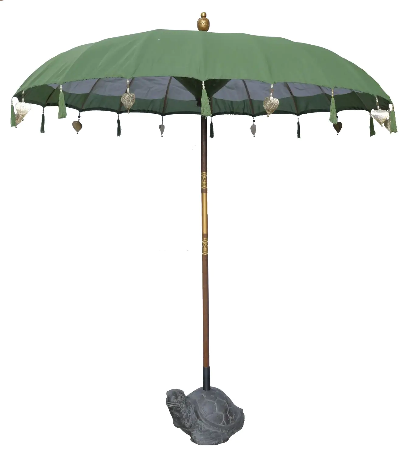  Product image 1 of the product “Bali umbrella , moss with wooden coins and gold leaves hanging around the edge. Approx. 230cm dia. and 250cm height ”
